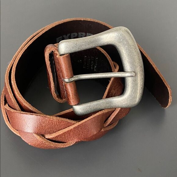 Express Brown Woven Leather Belt Silver Buckle Sz S 27”- 32” Waist Boho Western main image 4